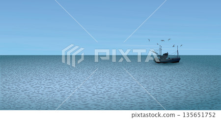 Seascape with fishing boat followed by seagulls in evening vector illustration. Seascape with fishing boat followed by seagulls in evening vector illustration. 135651752