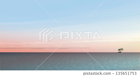 Sunset at the ocean with small tropical island and palm trees have blank space. Travel concept vector illustration background. Sunset at the ocean with small tropical island and palm trees have blank space. Travel concept vector illustration background. 135651753