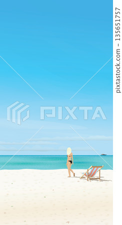 Tropical blue sea with beach, chair and blonde hair girl vector illustration vertical shape . Seascape have blank space. 135651757