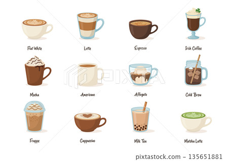 Cartoon Coffee Drinks, Vector Illustration. Flat White, Latte, Espresso, Irish Coffee, Mocha, Americano, Affogato, Cold Brew, Frappe, Cappuccino, Milk Tea and Matcha Latte, Cafe Icons. Coffee Mugs Cartoon Coffee Drinks, Vector Illustration. Flat White, Latte, Espresso, Irish Coffee, Mocha, Americano, Affogato, Cold Brew, Frappe, Cappuccino, Milk Tea and Matcha Latte, Cafe Icons. Coffee Mugs 135651881
