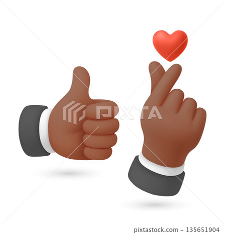 Vector 3d Like and Love Hands. Like and Love Hands. Thumbs Up and Finger Heart Gesture with Red Heart Icon. Social Media Reaction Symbol, Isolated 135651904