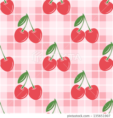 Vector Cherry Seamless Pattern Background with Cute Cherries on Pink Gingham Grid. Cherry Fruit Wallpaper for Textile, Fabric, Wrapping Paper, Surface Design. Cherry Repeat Print Vector Cherry Seamless Pattern Background with Cute Cherries on Pink Gingham Grid. Cherry Fruit Wallpaper for Textile, Fabric, Wrapping Paper, Surface Design. Cherry Repeat Print 135651907