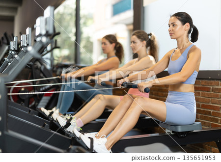 Women are engaged on a rowing machine Women are engaged on a rowing machine 135651953