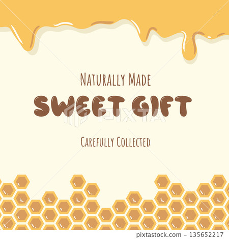 Honeycomb background with Sweet Gift text. Warm illustration for honey packaging, gift boxes, labels and natural product branding. Honeycomb background with Sweet Gift text. Warm illustration for honey packaging, gift boxes, labels and natural product branding. 135652217