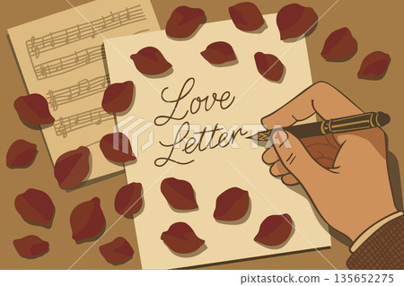 Hand writing love letter, viewed from above. Vector poster in nostalgic vintage style Hand writing love letter, viewed from above. Vector poster in nostalgic vintage style 135652275