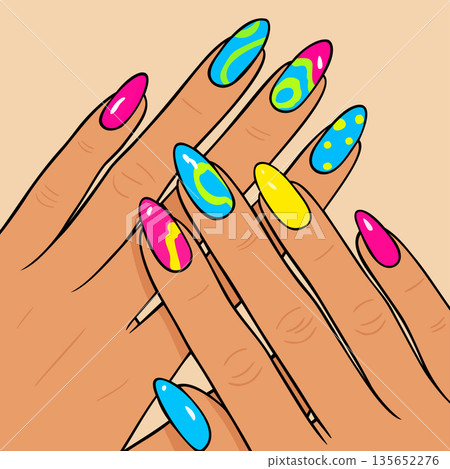 Woman's elegant hands with neon bright nail design, each finger showcasing unique nail art of different vibrant colors, including pink, blue, and yellow. Vector isolated illustration Woman's elegant hands with neon bright nail design, each finger showcasing unique nail art of different vibrant colors, including pink, blue, and yellow. Vector isolated illustration 135652276