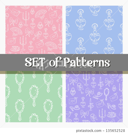 Minimalist Retro Seamless Pattern Set with Vintage Inspired Shapes and Symbols 135652528