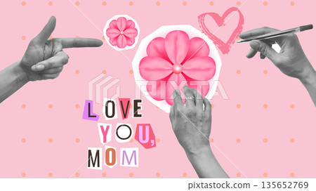Mothers Day Collage Flowers Hearts Love Mom. For card poster social media graphic or web design in marketing campaigns. Vector illustration. 135652769