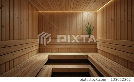Wooden Sauna Interior With Simple Seating and a Plant in a Modern Setting 135652802