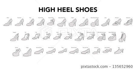 High heel shoe women sketch set. Stiletto pump peep toe, Mary Jane platform sandal wedge mule outline with labels. High heel shoe women sketch set. Stiletto pump peep toe, Mary Jane platform sandal wedge mule outline with labels. 135652960