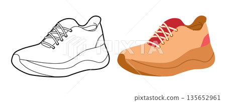 Woman running sneaker shoe flat plus line set. Trendy chunky sport footwear for capsule wardrobe, street fashion,. 135652961