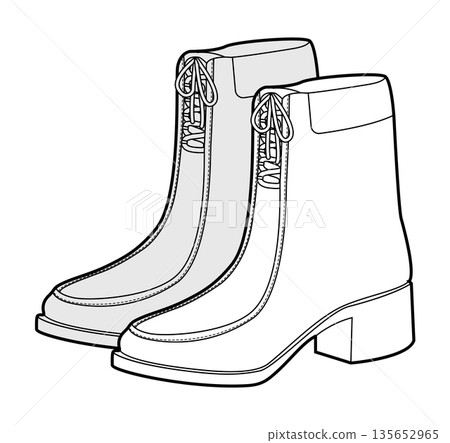 Front lace boot women sketch pair. Lace up block heel boot for modern city outfit and smart wardrobe. Technical fashion  135652965