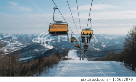 Ski Lift Chairs Moving Above the Snowy Landscape in Winter Scenery 135652979
