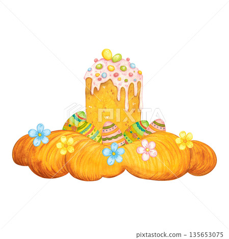 Easter cake and colorful eggs in a nest. Hand-drawn watercolor illustration, cartoon. Design for cards and invitations. Composition, holiday, cake, eggs, bright, decoration, treat Easter cake and colorful eggs in a nest. Hand-drawn watercolor illustration, cartoon. Design for cards and invitations. Composition, holiday, cake, eggs, bright, decoration, treat 135653075