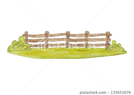 Wooden fence on a green lawn. Hand-drawn watercolor illustration, cartoon. Design for postcards and invitations. Village, farm, building, nature. High quality illustration Wooden fence on a green lawn. Hand-drawn watercolor illustration, cartoon. Design for postcards and invitations. Village, farm, building, nature. High quality illustration 135653076