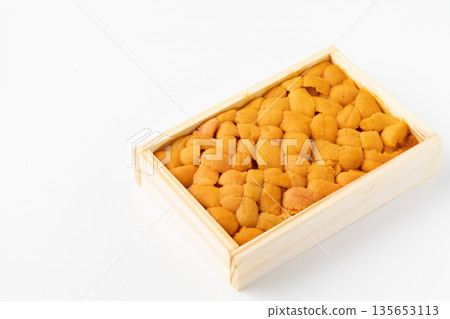Raw sea urchin in a wooden box on a white background 135653113