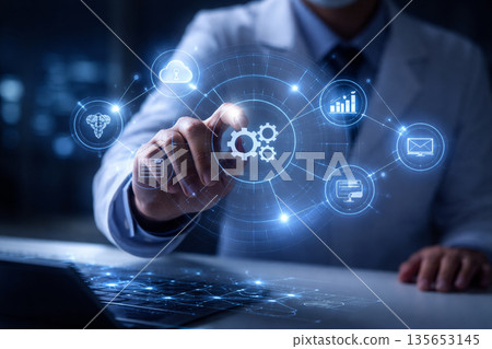AI generated professional interacting with digital analytics interface holographic data icons automation big data artificial intelligence modern business technology clean space AI generated professional interacting with digital analytics interface holographic data icons automation big data artificial intelligence modern business technology clean space 135653145