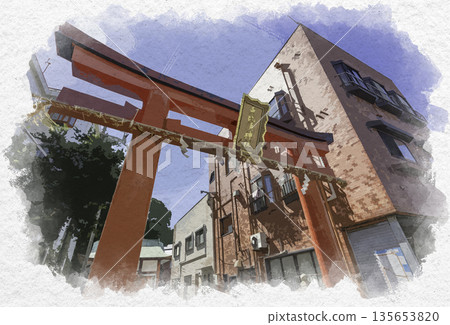 水彩風格洞穴,惠比壽神社,鳥居,兵庫縣淡路市 水彩風格洞穴,惠比壽神社,鳥居,兵庫縣淡路市 135653820