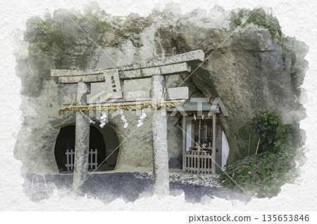 兵庫縣淡路市岩久津神社水彩風格洞穴 135653846