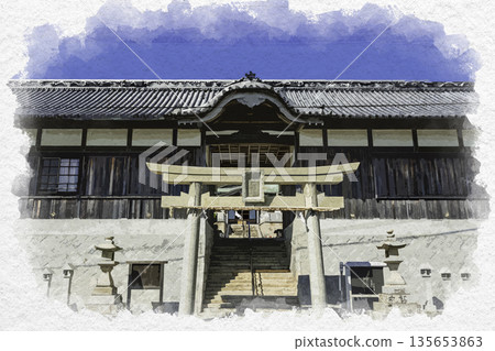 Watercolor painting of Iwaya Shrine, Torii gate and gatekeeper's hall, Awaji City, Hyogo Prefecture 135653863