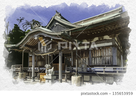 Watercolor painting of Iwaya Shrine, worship hall, Awaji City, Hyogo Prefecture Watercolor painting of Iwaya Shrine, worship hall, Awaji City, Hyogo Prefecture 135653959