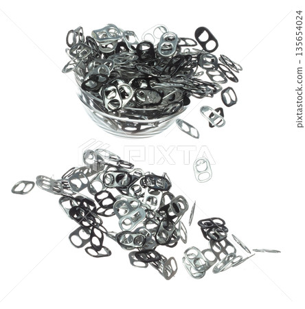 Can Caps fly in mid air, aluminium canned cap falling scatter, recycle from trash can cap explosion float. White background isolated freeze motion high speed shutter Can Caps fly in mid air, aluminium canned cap falling scatter, recycle from trash can cap explosion float. White background isolated freeze motion high speed shutter 135654024