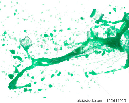 Green paint liquid fly in mid air with ice cube cool, apple vegetable juice falling scatter, explosion float in shape form droplet line. White background isolated freeze motion high speed shutter Green paint liquid fly in mid air with ice cube cool, apple vegetable juice falling scatter, explosion float in shape form droplet line. White background isolated freeze motion high speed shutter 135654025