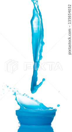 Blue paint water spill splash in bowl cup. Blue liquid lotion moisturizer cosmetic pour float in mid air. Blue cocktail drink explosion throw fluttering. White background isolated high speed shutter 135654032