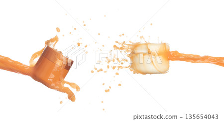 Orange Juice moisturizer lotion cream pouring down in cosmetic bottle container. Orange paint beauty lotion fluttering explosion in air, splash spill like explosion droplet. White background isolated Orange Juice moisturizer lotion cream pouring down in cosmetic bottle container. Orange paint beauty lotion fluttering explosion in air, splash spill like explosion droplet. White background isolated 135654043