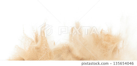 Small Fine size Sand flying explosion, Golden grain wave explode. Abstract cloud fly. Yellow colored sand splash throwing in Air. White background Isolated high speed shutter, throwing freeze stop 135654046
