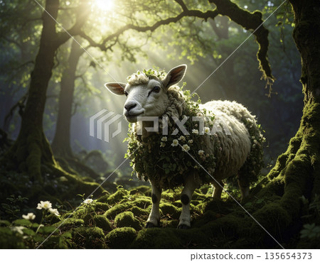 一隻神聖的綿羊佇立在陽光普照的森林中 | 與自然和諧共生的神秘奇幻景觀 一隻神聖的綿羊佇立在陽光普照的森林中 | 與自然和諧共生的神秘奇幻景觀 135654373