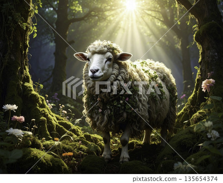 一隻神聖的綿羊佇立在陽光普照的森林中 | 與自然和諧共生的神秘奇幻景觀 135654374