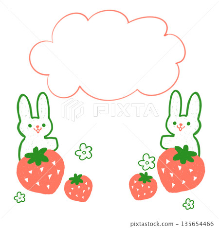 Bunny and strawberry illustration with speech bubbles for children's flyers, nursery school newsletters, and POPs Bunny and strawberry illustration with speech bubbles for children's flyers, nursery school newsletters, and POPs 135654466