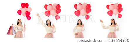 Woman holding heart-shaped balloons and a gift bag, isolated, PNG Woman holding heart-shaped balloons and a gift bag, isolated, PNG 135654508