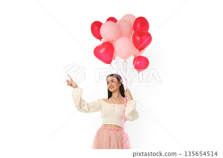 Smiling woman with colorful heart balloons, isolated, PNG Smiling woman with colorful heart balloons, isolated, PNG 135654514