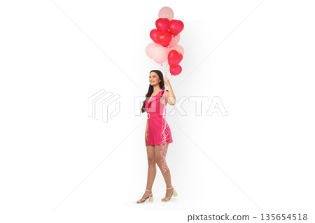 Woman with long hair holding heart balloons, isolated, PNG 135654518