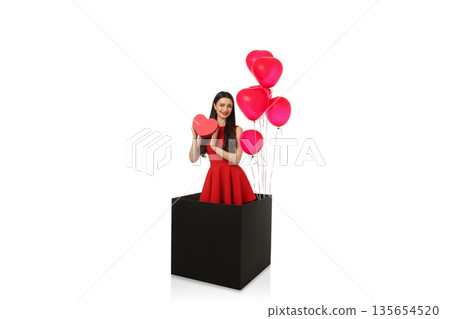 Woman in red dress with heart balloon box, isolated, PNG Woman in red dress with heart balloon box, isolated, PNG 135654520