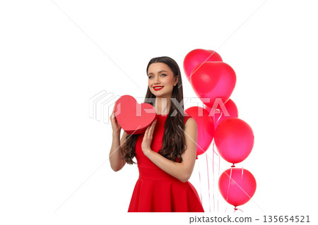 Woman in red dress with heart box smiles, isolated, PNG Woman in red dress with heart box smiles, isolated, PNG 135654521