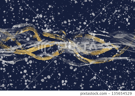 Abstract illustration with gold and silver wave-like brushstrokes in the center of a blue background. Dark Japanese style banner Abstract illustration with gold and silver wave-like brushstrokes in the center of a blue background. Dark Japanese style banner 135654529