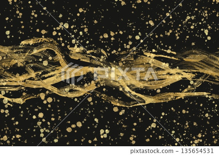 抽象插畫,黑色背景中央飾以金色波浪狀筆觸。日式暗黑風格橫幅 抽象插畫,黑色背景中央飾以金色波浪狀筆觸。日式暗黑風格橫幅 135654531