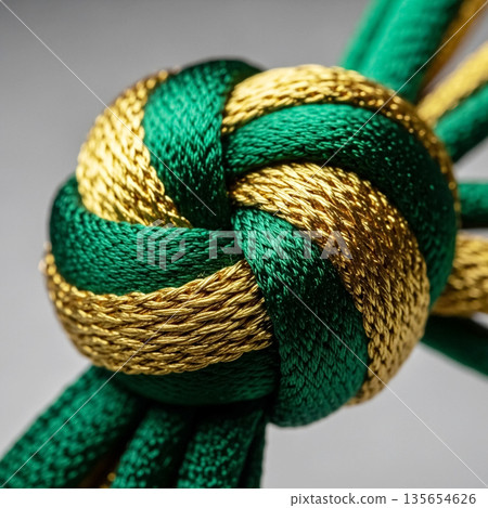 Korean traditional decorative Maedeup knot close-up in lush green and shimmering gold silk with detailed tactile texture 135654626