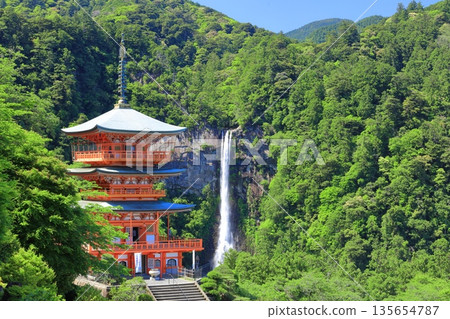[Wakayama Prefecture] Seiganto-ji Temple's three-story pagoda and Nachi Falls on a clear day (Kumano Nachi Taisha Shrine) 135654787