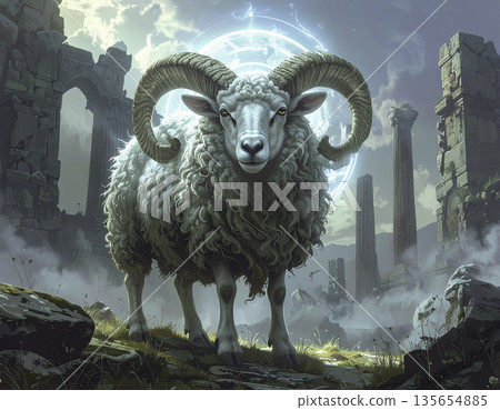 一隻神奇的綿羊出現在古老的遺跡中 | 神秘的高奇幻 一隻神奇的綿羊出現在古老的遺跡中 | 神秘的高奇幻 135654885