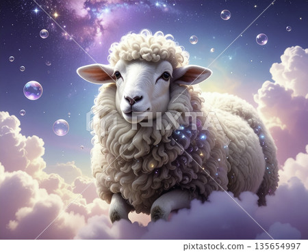 可愛的綿羊漂浮在雲端 | 被星光和泡泡環繞的童話奇幻世界 可愛的綿羊漂浮在雲端 | 被星光和泡泡環繞的童話奇幻世界 135654997