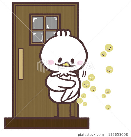 Illustration of a white bird brushing off pollen at the entrance Illustration of a white bird brushing off pollen at the entrance 135655008