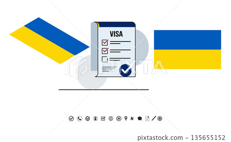 Ukraine Flag And Visa Checklist Illustration Document, Travel, International Visa Process, Graphic Symbols For Stock. 135655152