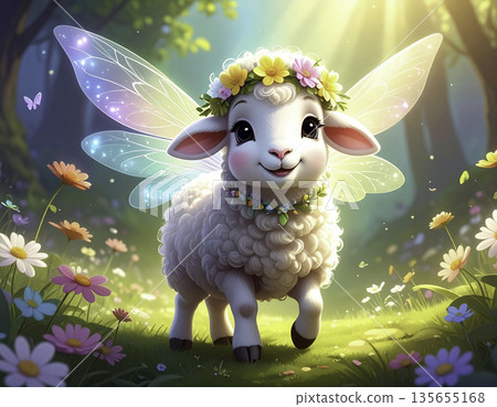 Smiling lamb and butterfly in the forest | A gentle and fantastical fairy tale illustration 135655168