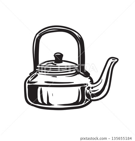 Hand drawn kettle with steam vintage metal teapot Hand drawn kettle with steam vintage metal teapot 135655184