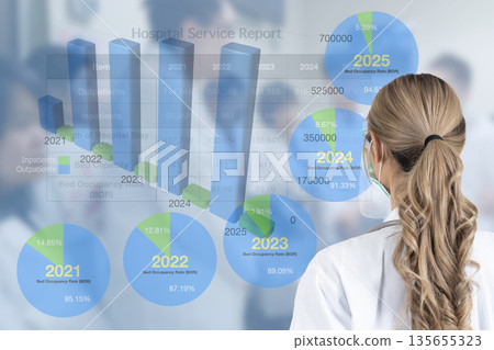 Female doctor stand on her back watching something. Female doctor stand on her back watching something. 135655323