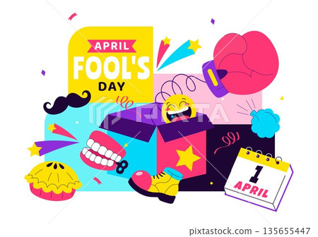 Happy April Fools Day Celebration Illustration Featuring A Jester Hat And Surprise Box To Trick People In Flat Cartoon Holiday Style Background Happy April Fools Day Celebration Illustration Featuring A Jester Hat And Surprise Box To Trick People In Flat Cartoon Holiday Style Background 135655447